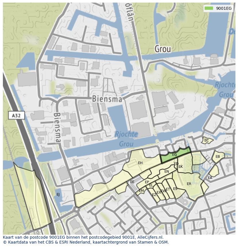 Afbeelding van het postcodegebied 9001 EG op de kaart.