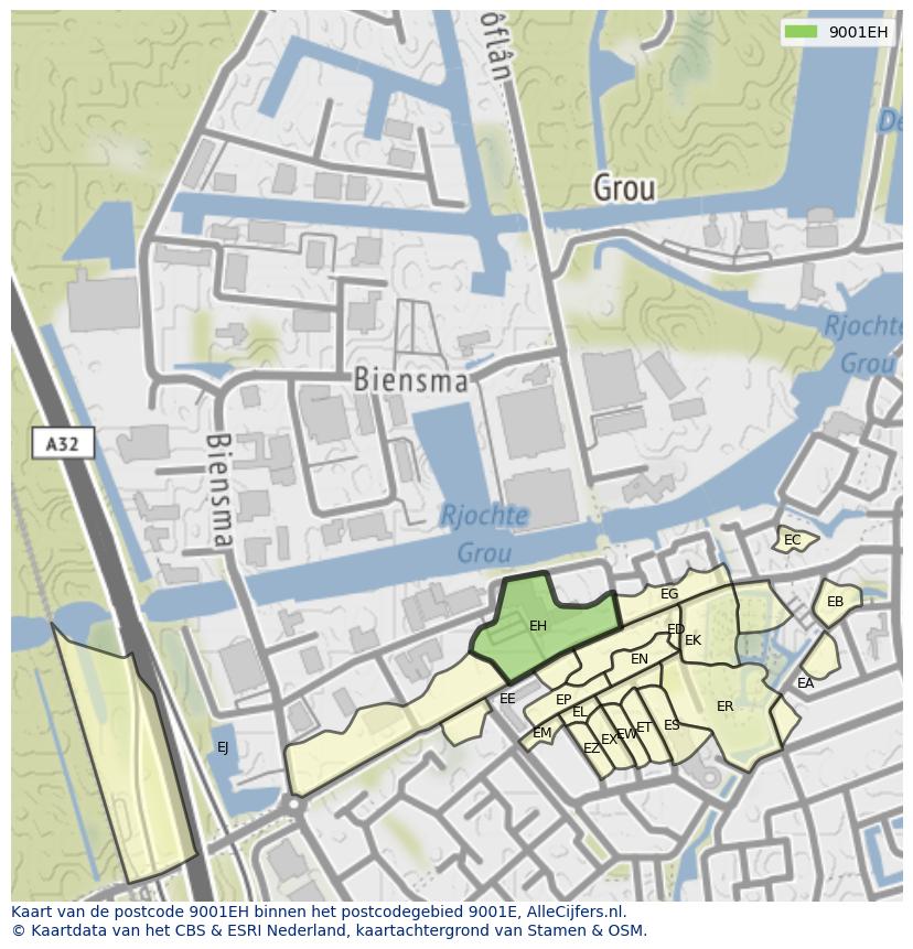 Afbeelding van het postcodegebied 9001 EH op de kaart.