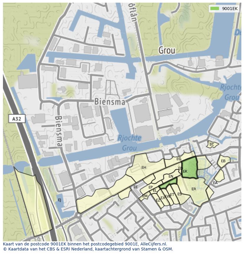 Afbeelding van het postcodegebied 9001 EK op de kaart.