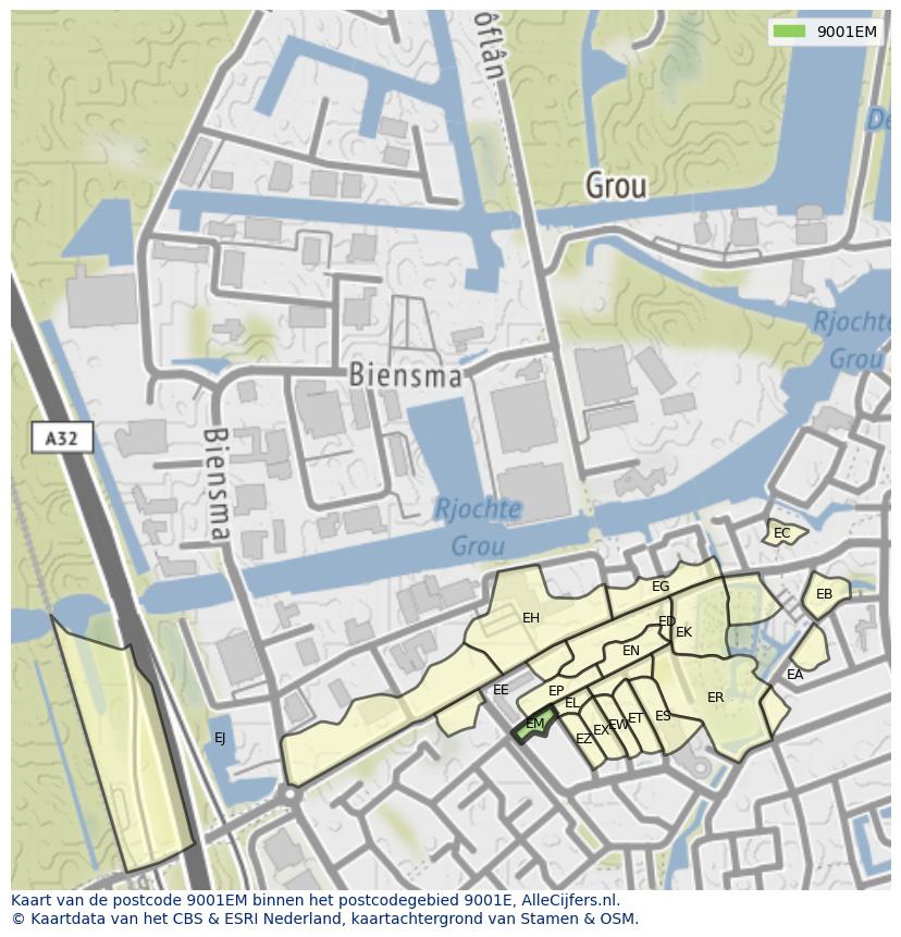 Afbeelding van het postcodegebied 9001 EM op de kaart.