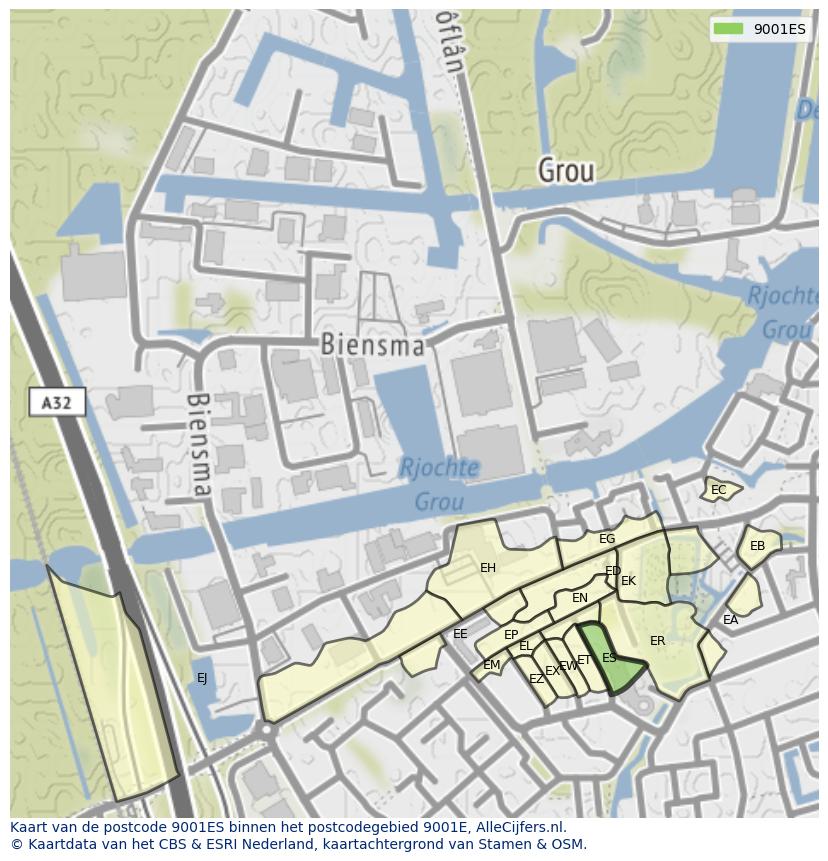 Afbeelding van het postcodegebied 9001 ES op de kaart.