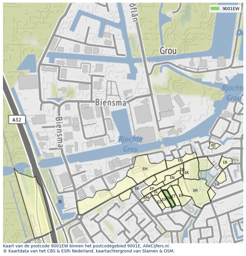 Afbeelding van het postcodegebied 9001 EW op de kaart.