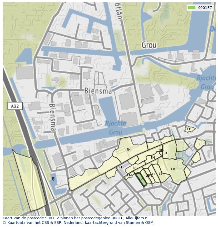 Afbeelding van het postcodegebied 9001 EZ op de kaart.