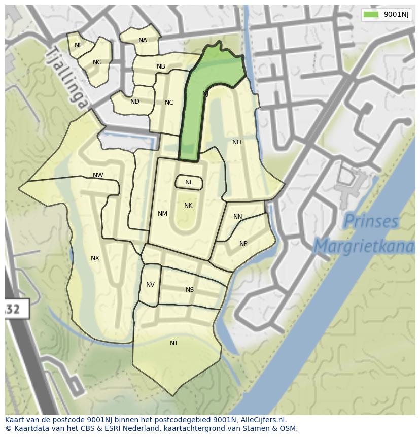 Afbeelding van het postcodegebied 9001 NJ op de kaart.