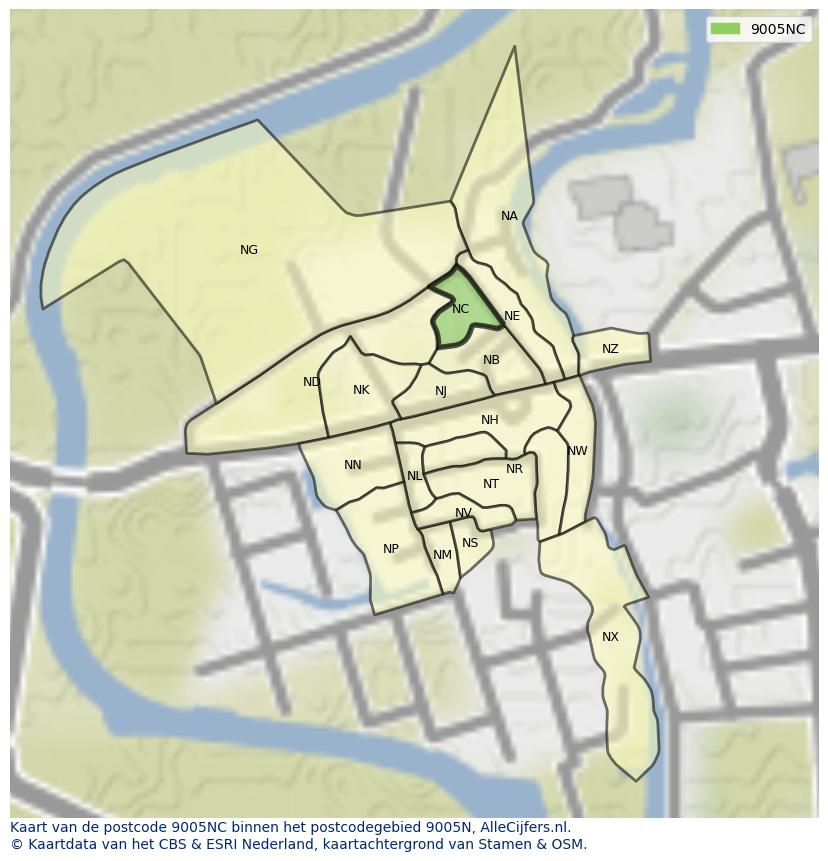 Afbeelding van het postcodegebied 9005 NC op de kaart.