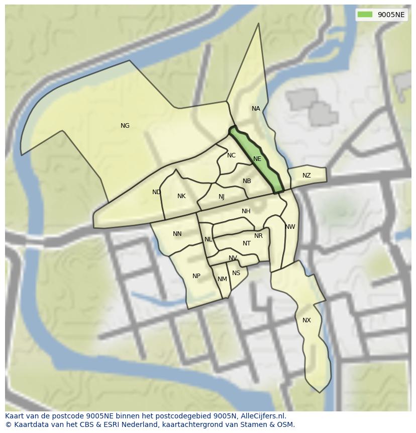 Afbeelding van het postcodegebied 9005 NE op de kaart.