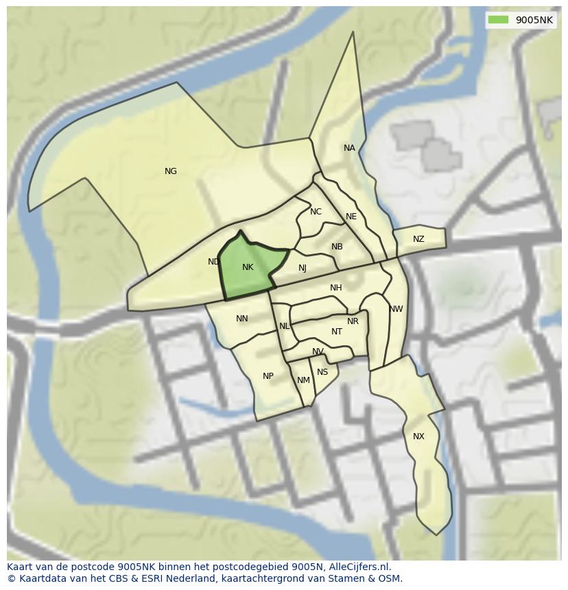 Afbeelding van het postcodegebied 9005 NK op de kaart.