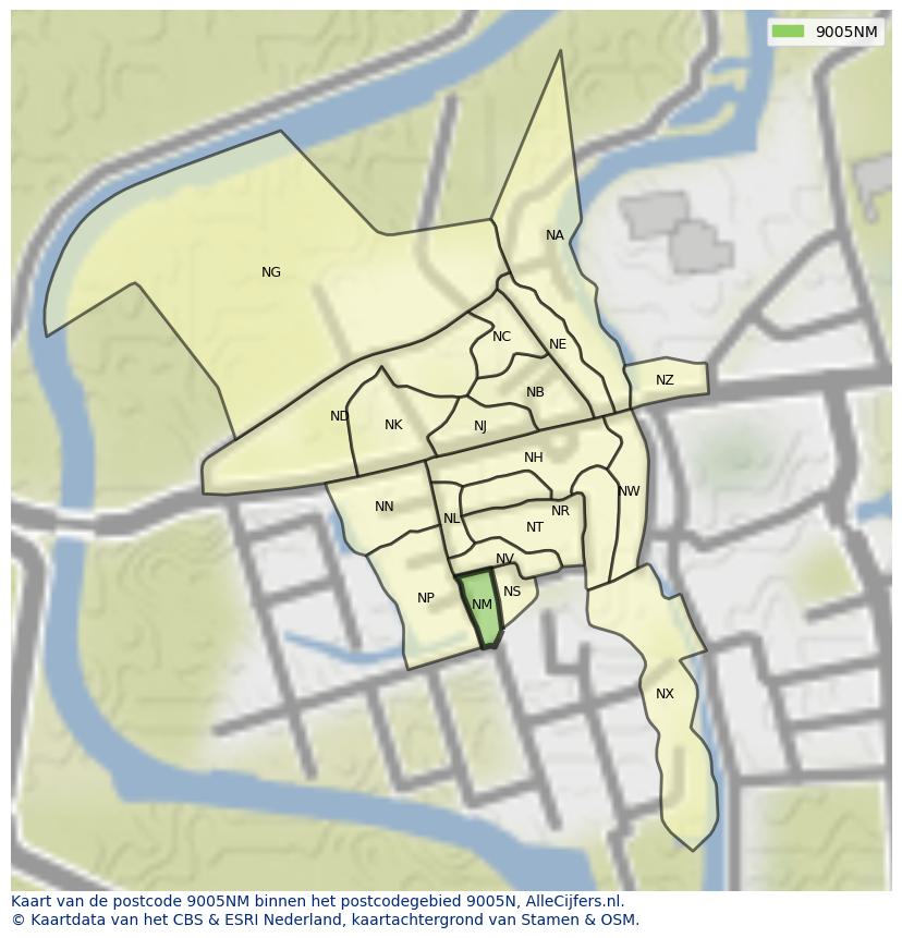 Afbeelding van het postcodegebied 9005 NM op de kaart.