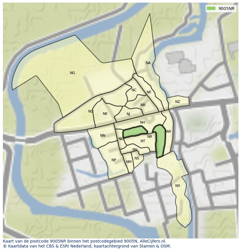 Afbeelding van het postcodegebied 9005 NR op de kaart.