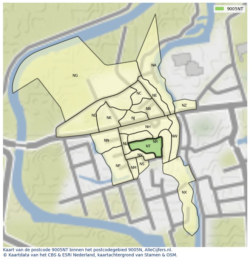 Afbeelding van het postcodegebied 9005 NT op de kaart.