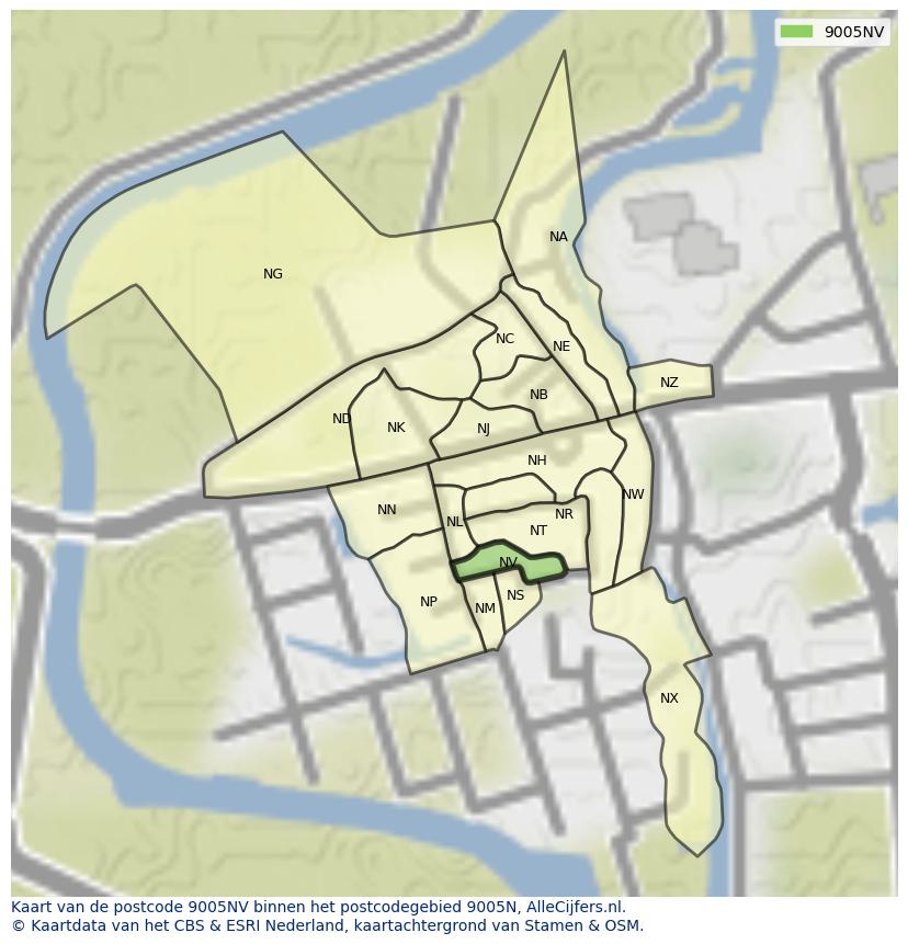 Afbeelding van het postcodegebied 9005 NV op de kaart.