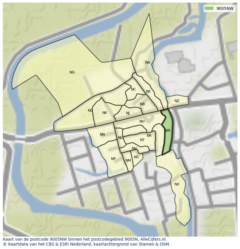 Afbeelding van het postcodegebied 9005 NW op de kaart.
