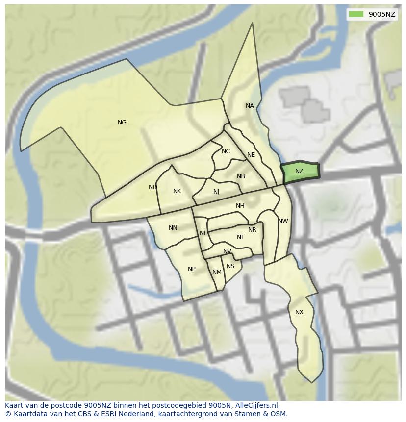 Afbeelding van het postcodegebied 9005 NZ op de kaart.