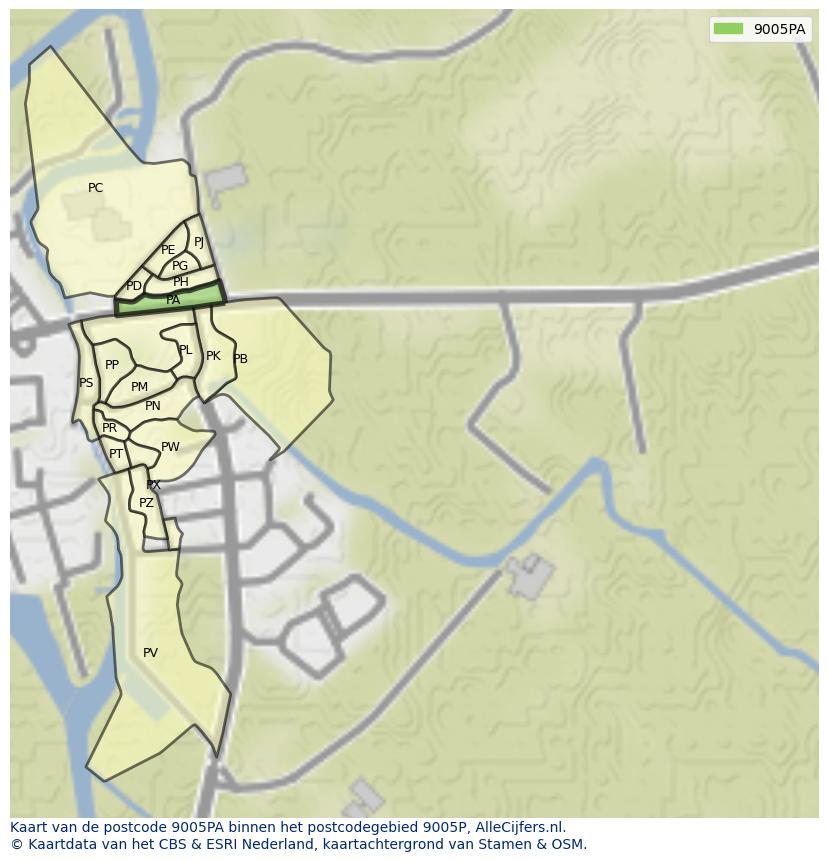 Afbeelding van het postcodegebied 9005 PA op de kaart.