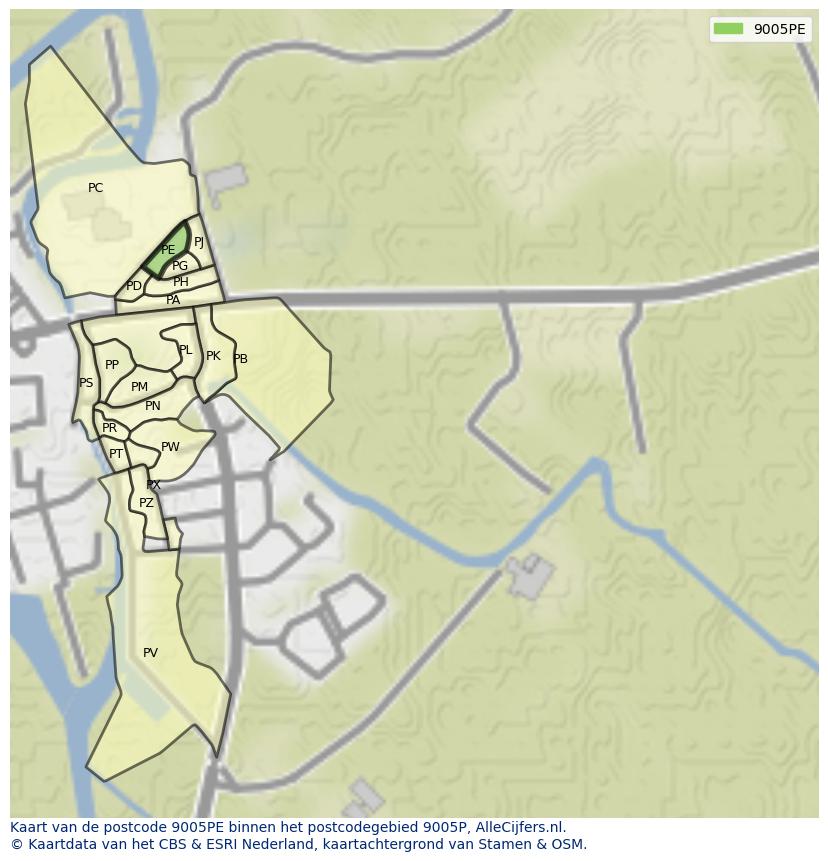 Afbeelding van het postcodegebied 9005 PE op de kaart.