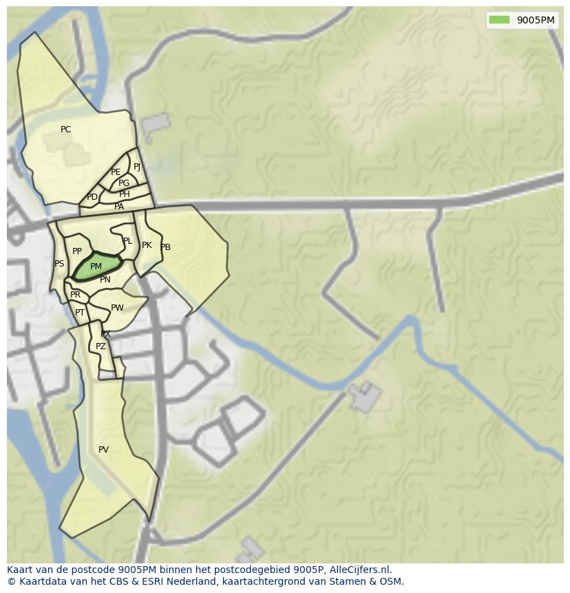 Afbeelding van het postcodegebied 9005 PM op de kaart.