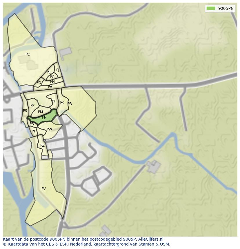 Afbeelding van het postcodegebied 9005 PN op de kaart.