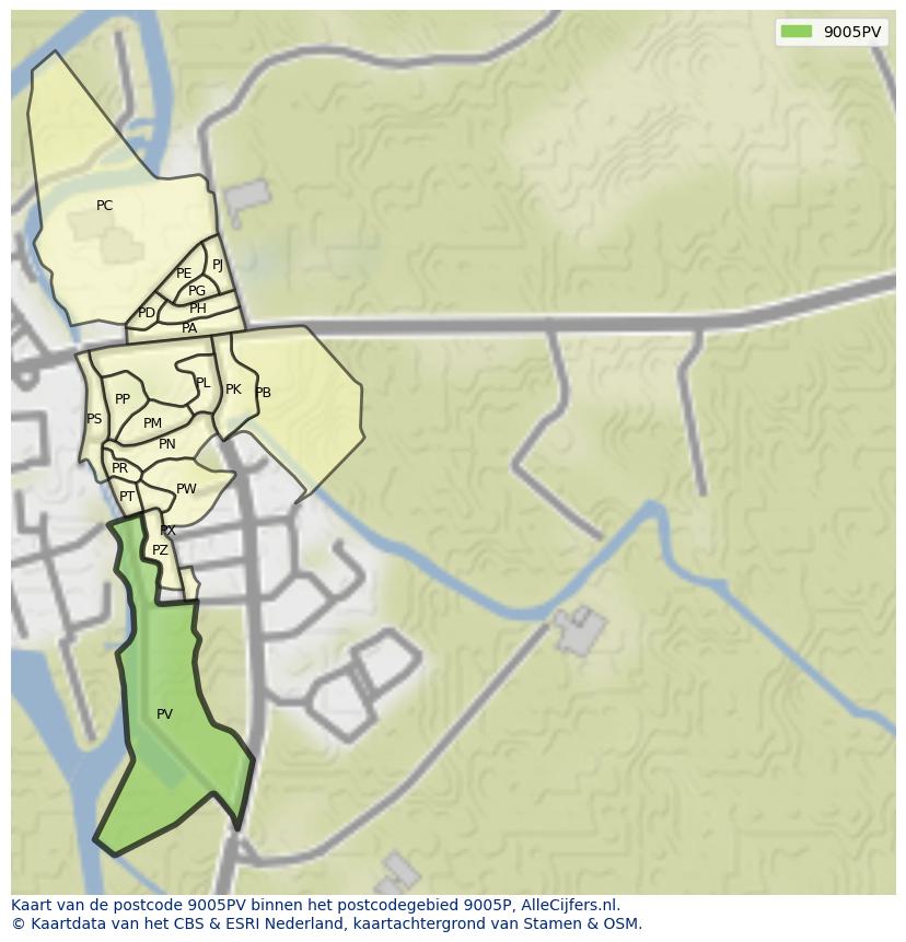 Afbeelding van het postcodegebied 9005 PV op de kaart.