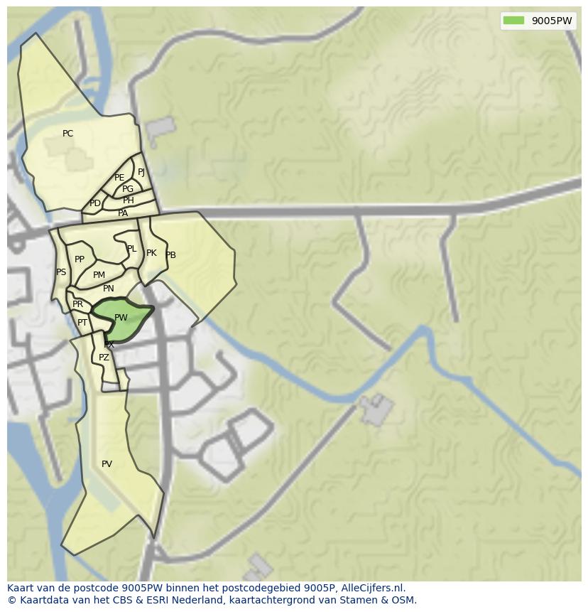 Afbeelding van het postcodegebied 9005 PW op de kaart.