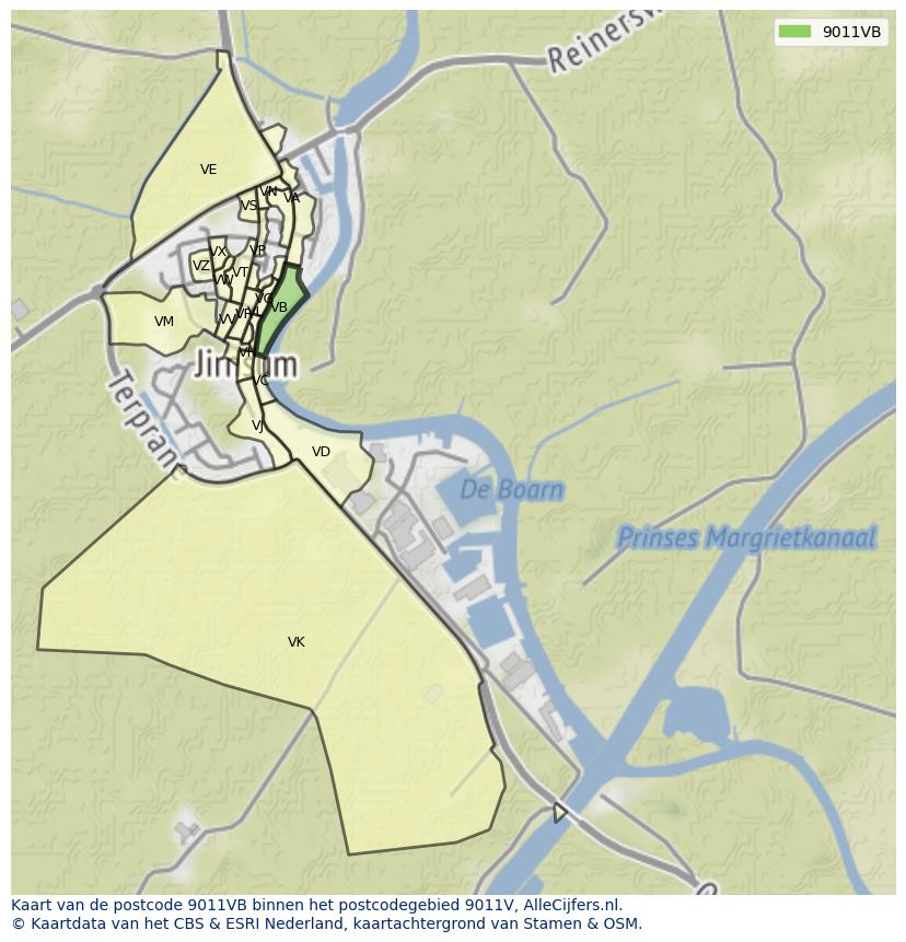 Afbeelding van het postcodegebied 9011 VB op de kaart.