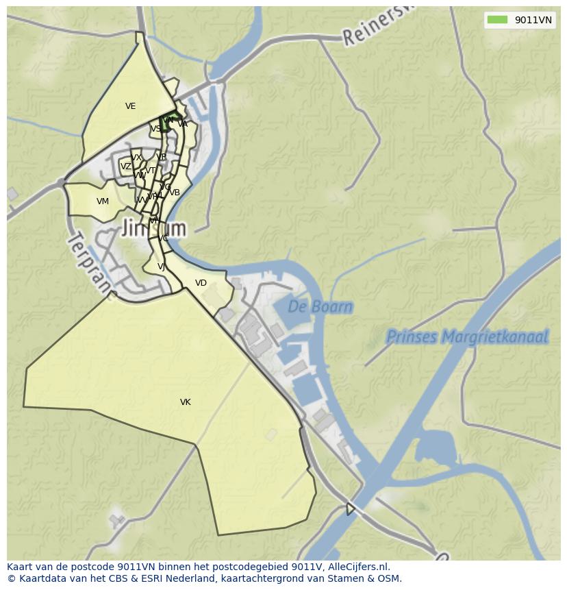 Afbeelding van het postcodegebied 9011 VN op de kaart.