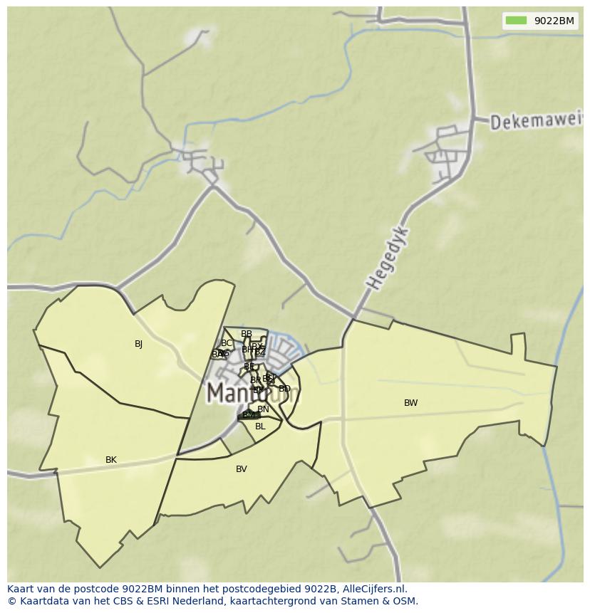Afbeelding van het postcodegebied 9022 BM op de kaart.