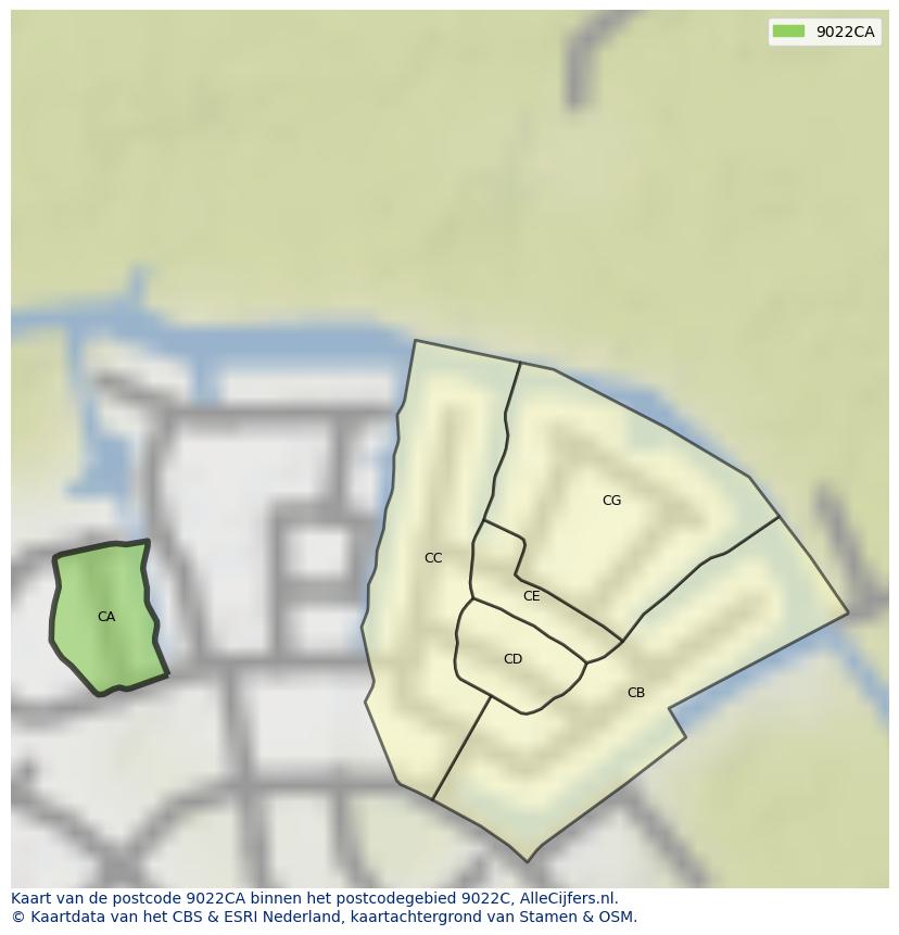 Afbeelding van het postcodegebied 9022 CA op de kaart.