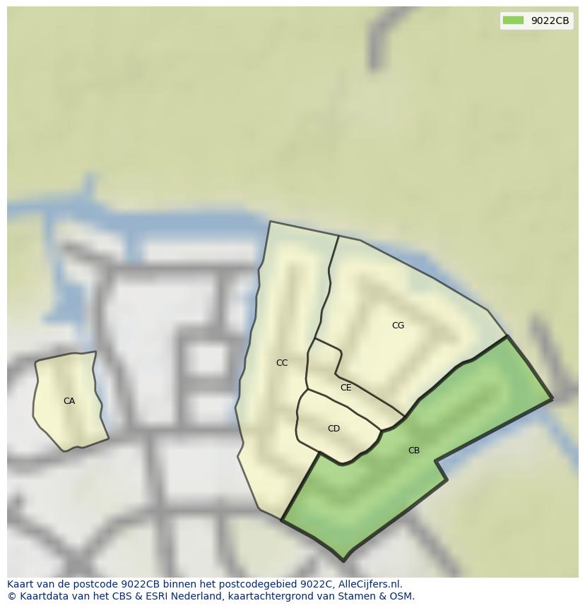 Afbeelding van het postcodegebied 9022 CB op de kaart.