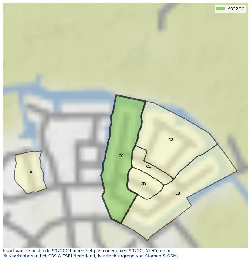 Afbeelding van het postcodegebied 9022 CC op de kaart.