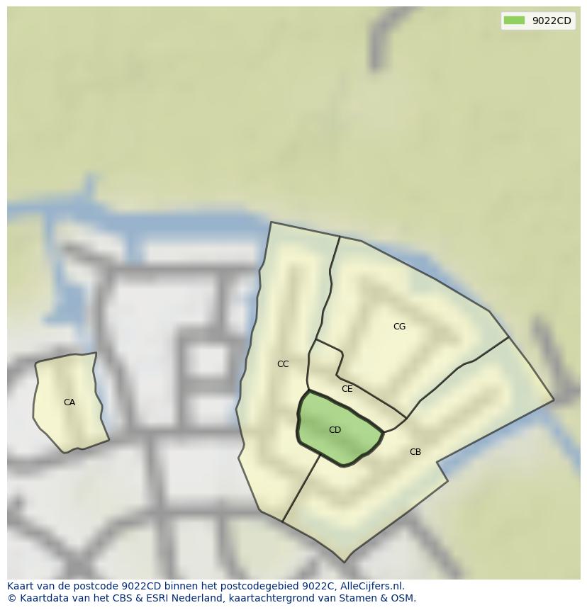 Afbeelding van het postcodegebied 9022 CD op de kaart.