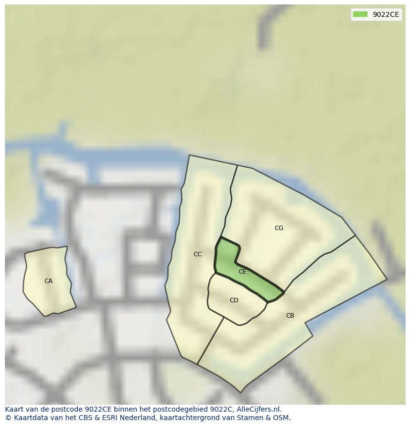 Afbeelding van het postcodegebied 9022 CE op de kaart.