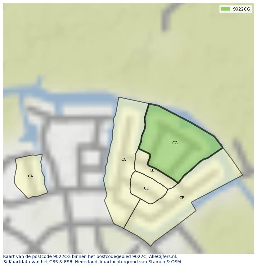 Afbeelding van het postcodegebied 9022 CG op de kaart.