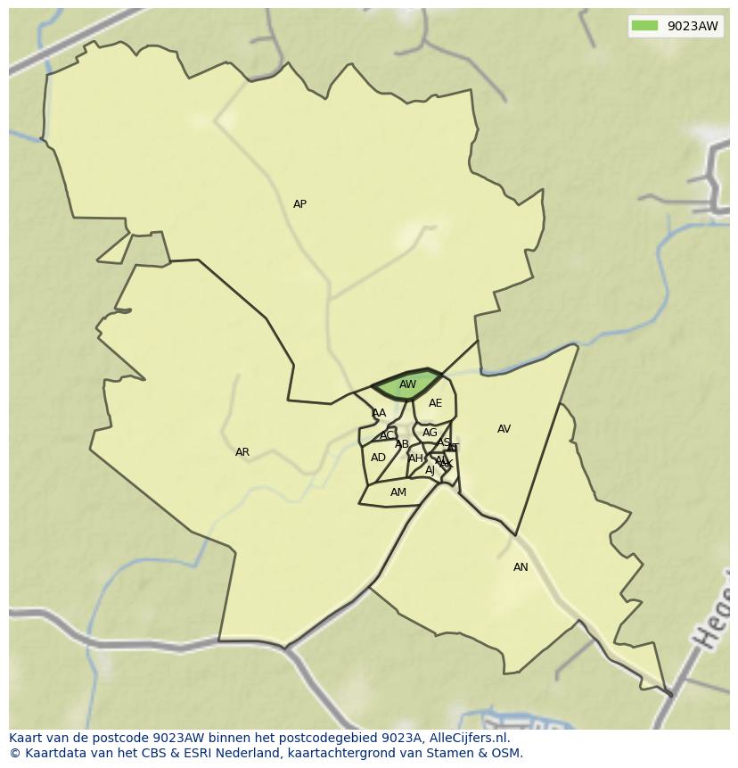 Afbeelding van het postcodegebied 9023 AW op de kaart.