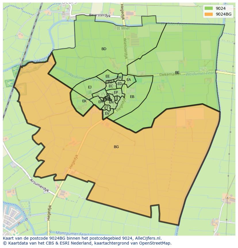 Afbeelding van het postcodegebied 9024 BG op de kaart.