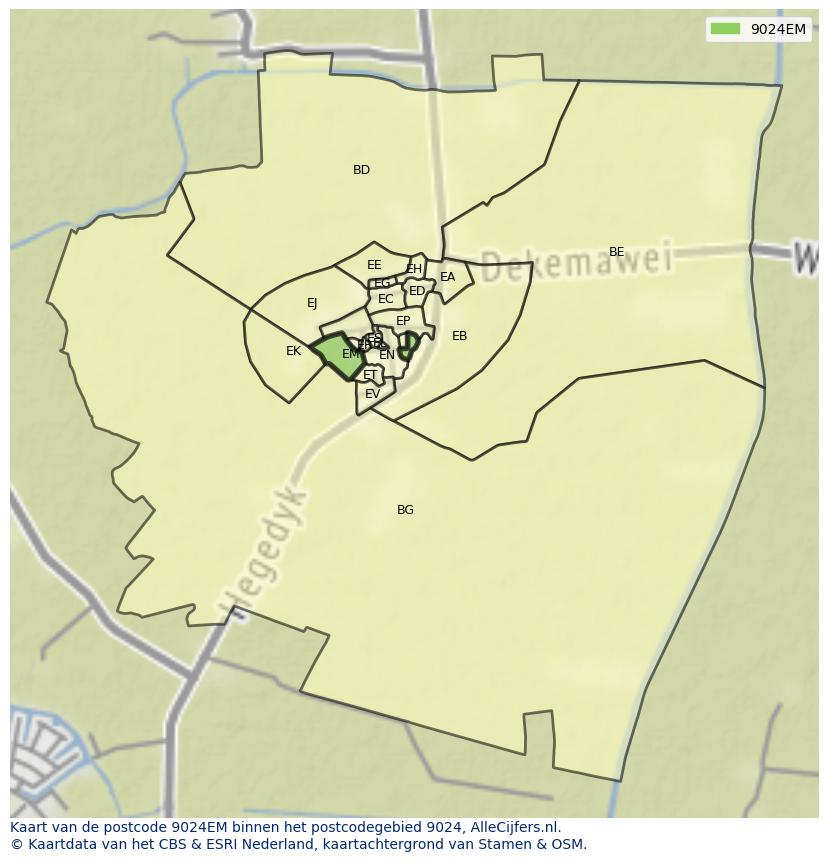 Afbeelding van het postcodegebied 9024 EM op de kaart.