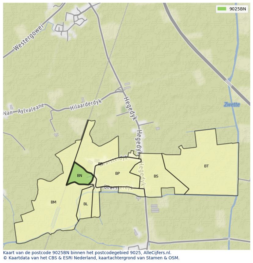 Afbeelding van het postcodegebied 9025 BN op de kaart.