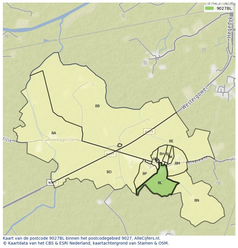 Afbeelding van het postcodegebied 9027 BL op de kaart.