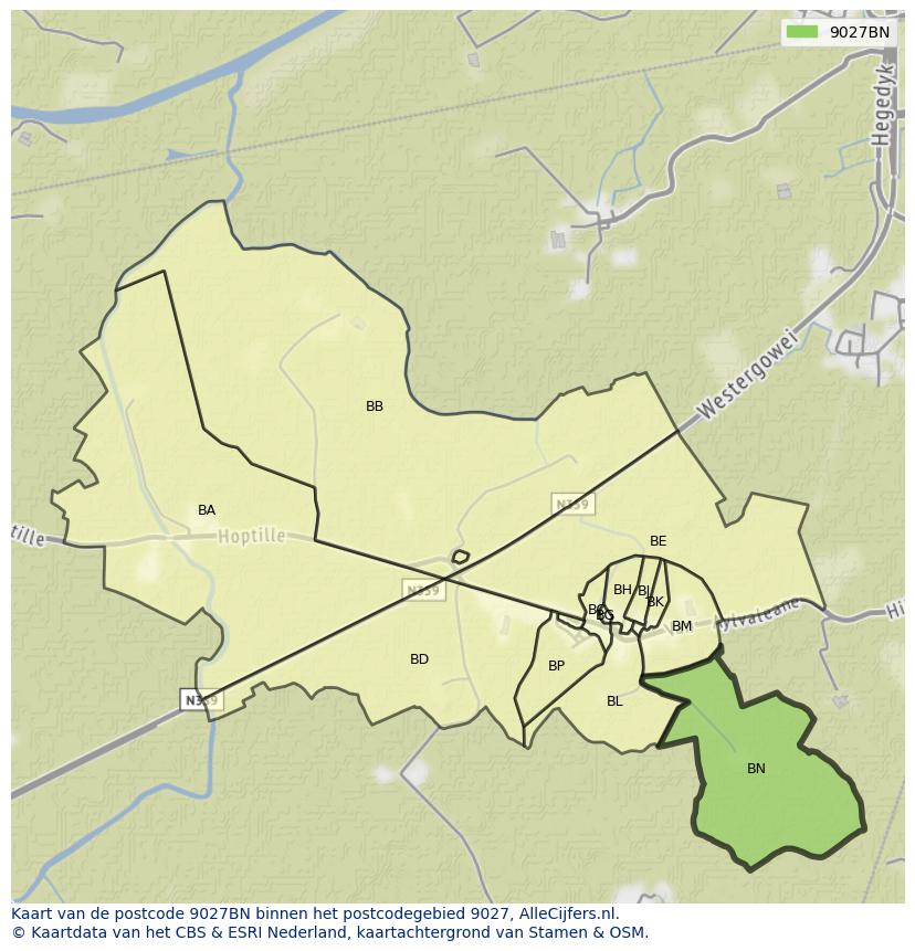 Afbeelding van het postcodegebied 9027 BN op de kaart.
