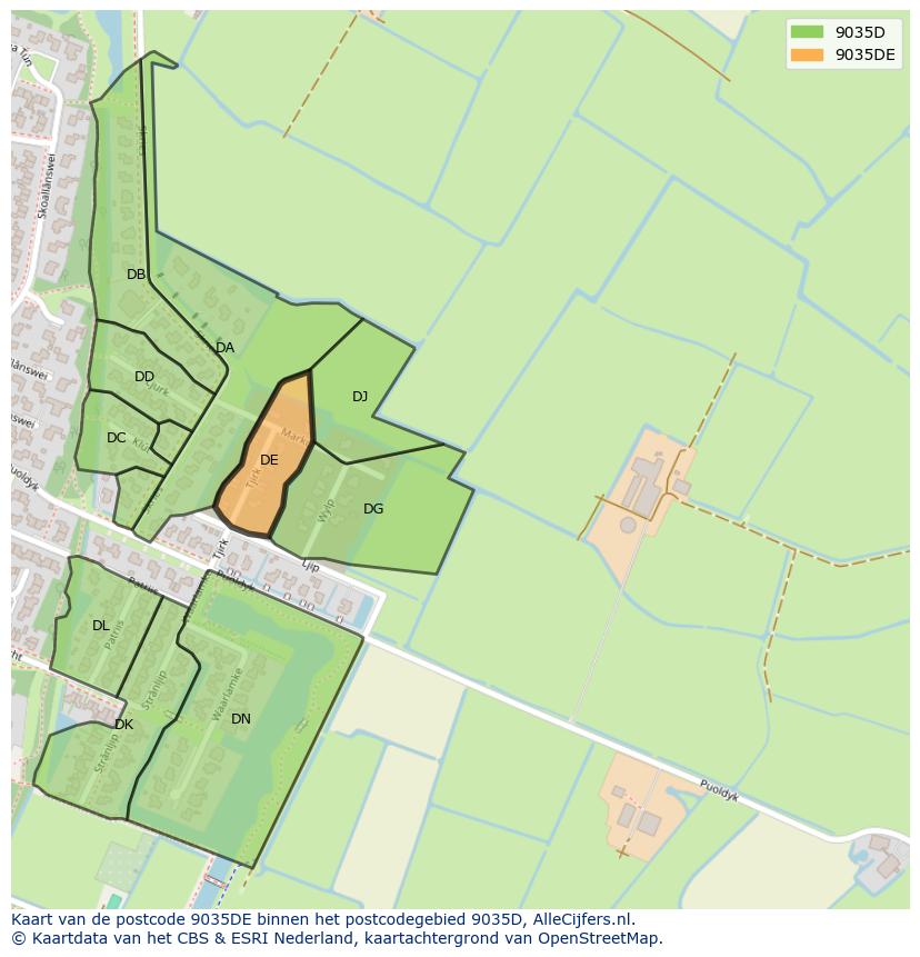 Afbeelding van het postcodegebied 9035 DE op de kaart.