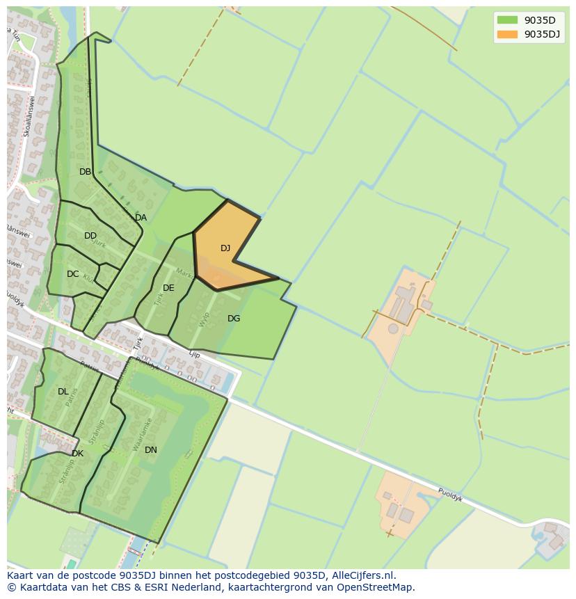 Afbeelding van het postcodegebied 9035 DJ op de kaart.