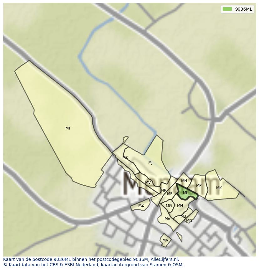 Afbeelding van het postcodegebied 9036 ML op de kaart.