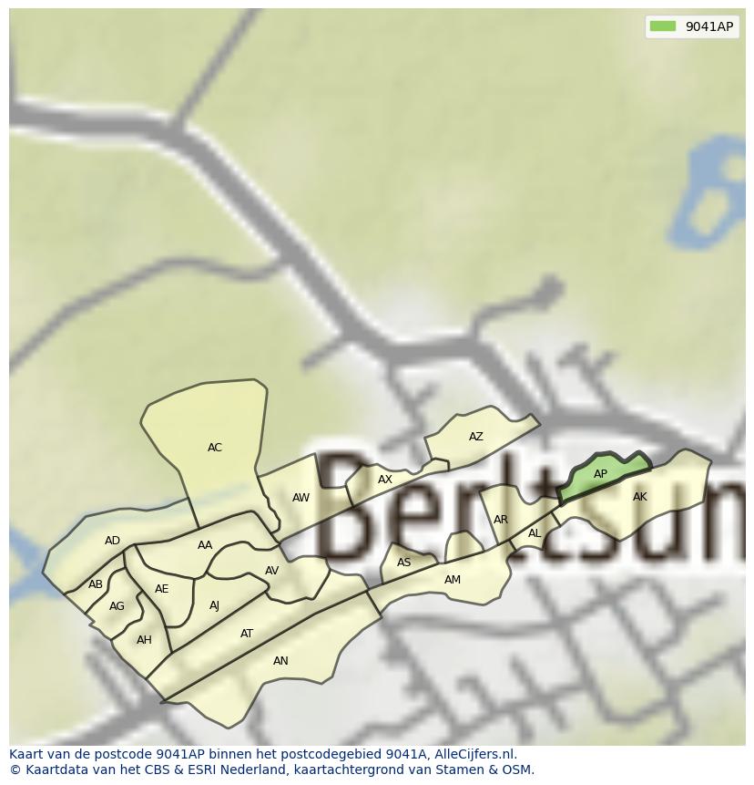 Afbeelding van het postcodegebied 9041 AP op de kaart.