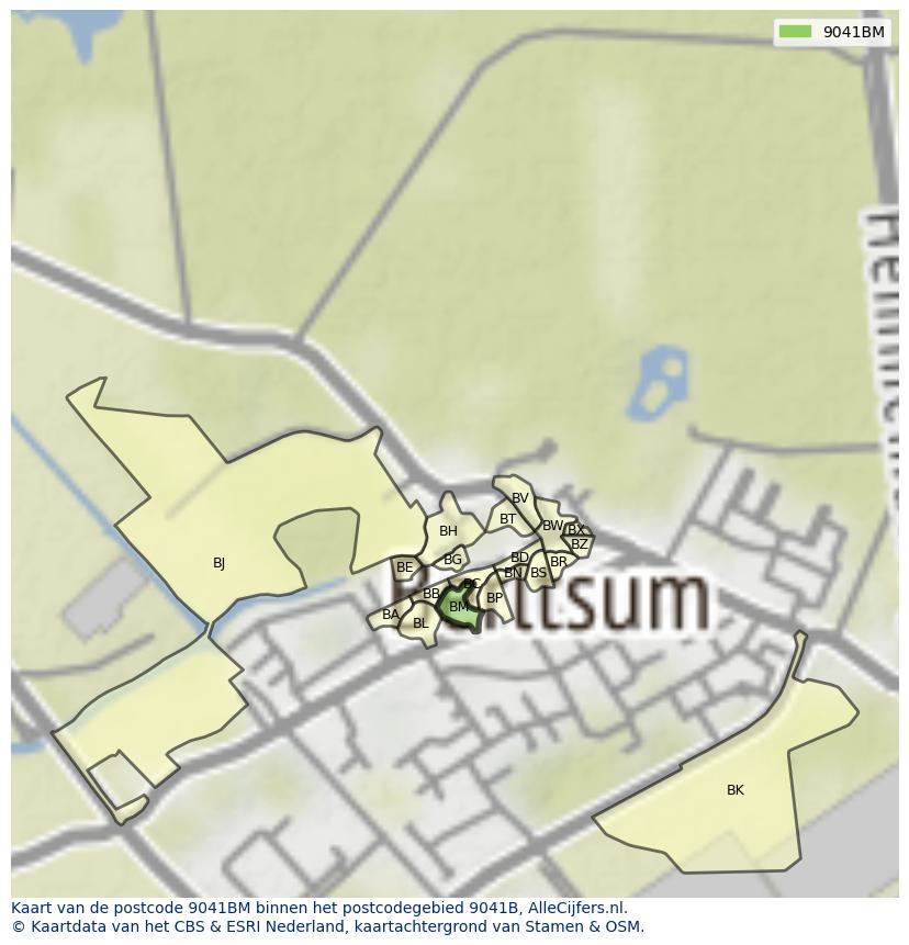 Afbeelding van het postcodegebied 9041 BM op de kaart.