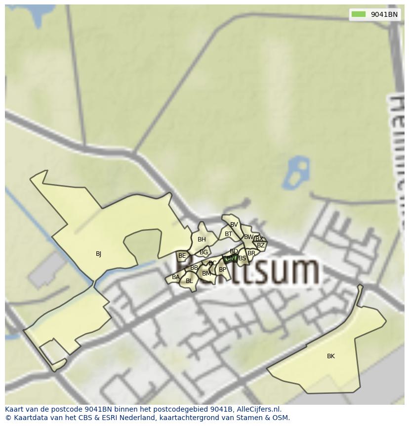 Afbeelding van het postcodegebied 9041 BN op de kaart.