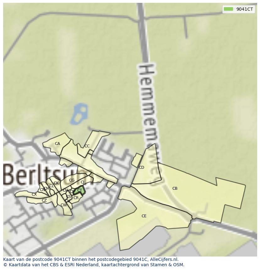 Afbeelding van het postcodegebied 9041 CT op de kaart.