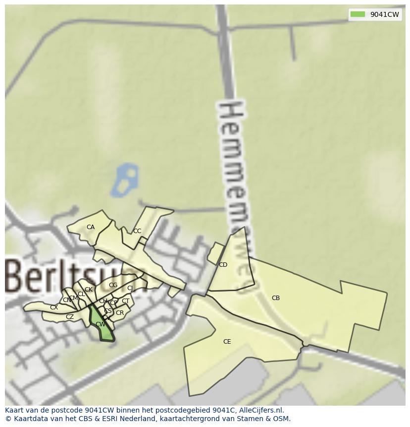 Afbeelding van het postcodegebied 9041 CW op de kaart.