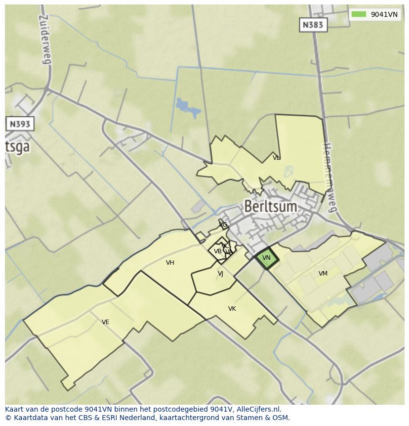 Afbeelding van het postcodegebied 9041 VN op de kaart.