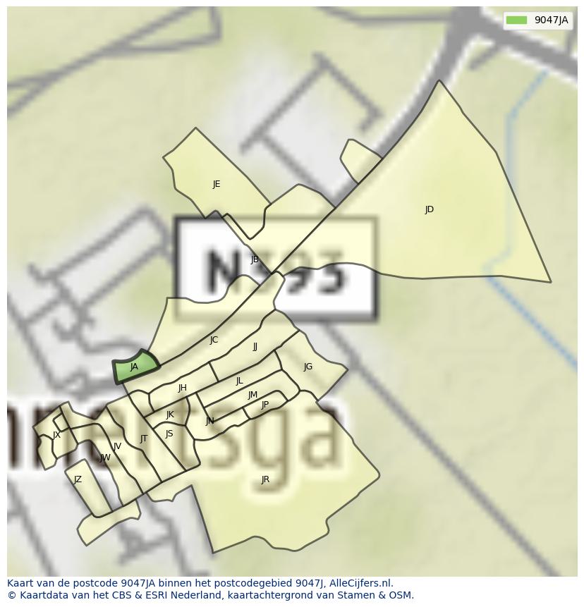 Afbeelding van het postcodegebied 9047 JA op de kaart.