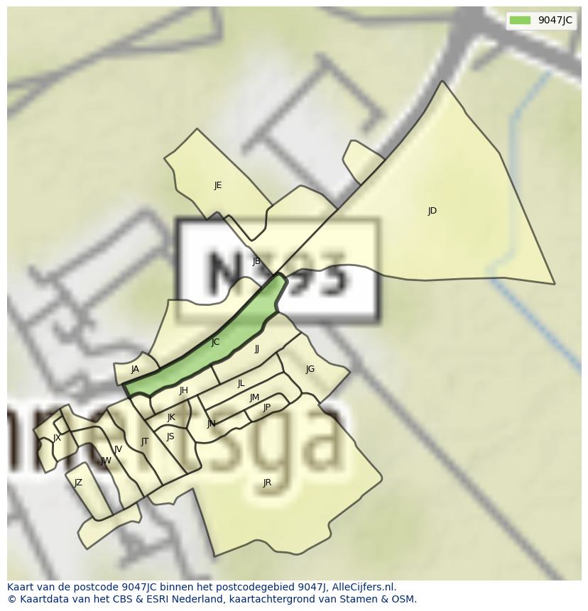 Afbeelding van het postcodegebied 9047 JC op de kaart.