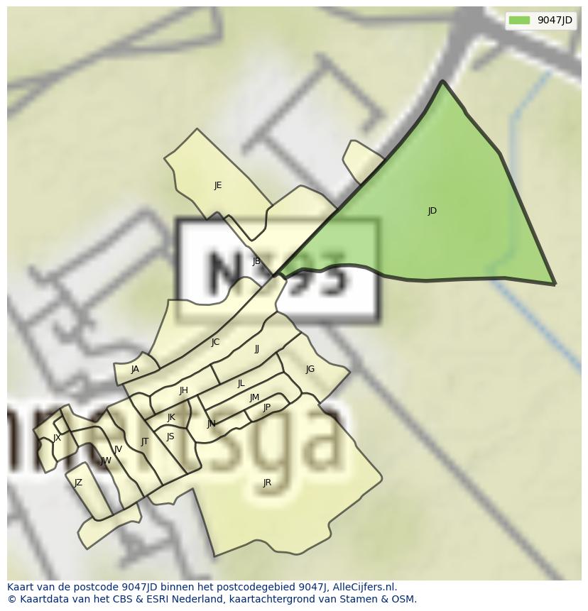 Afbeelding van het postcodegebied 9047 JD op de kaart.